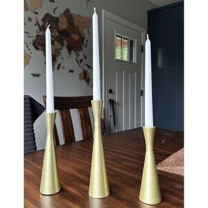 Set of 3 Metal Mid-Century Modern Candle Holders - Yellow Gold - NEW